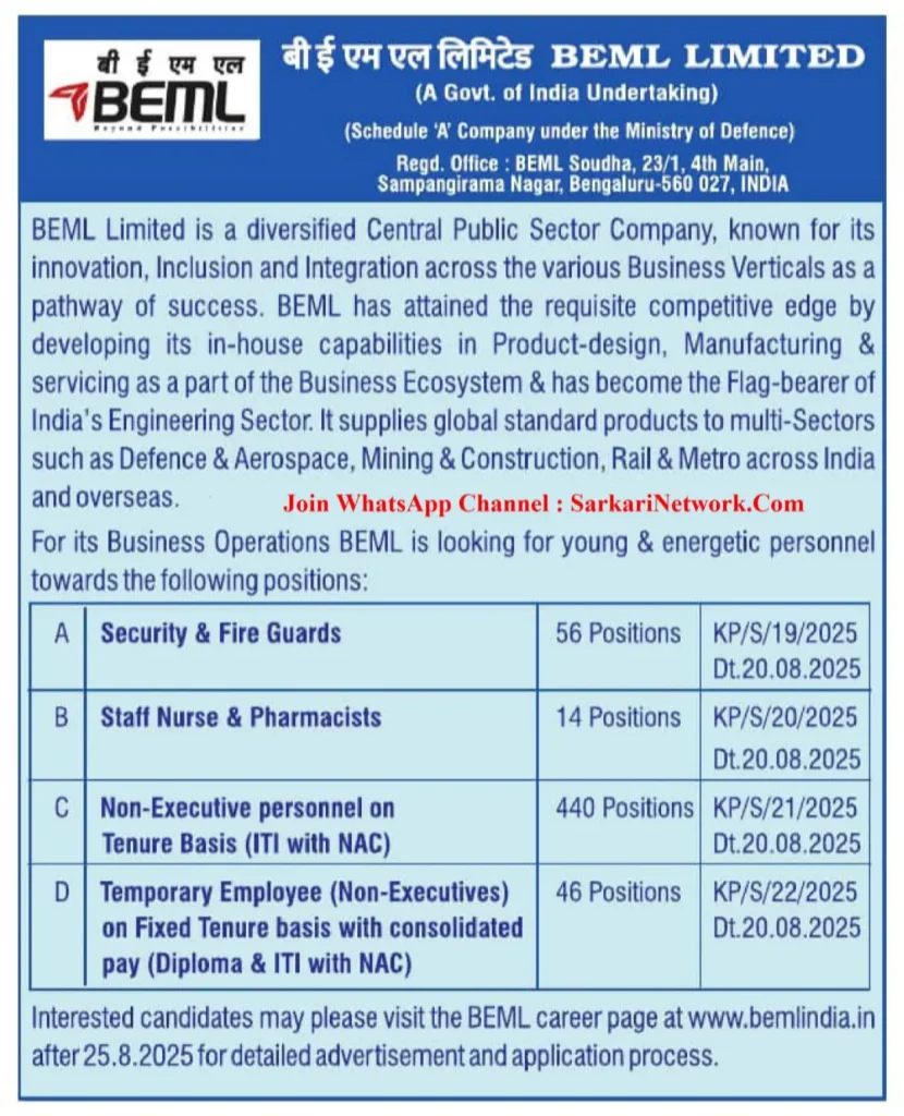BEML Recruitment 2025 short notice