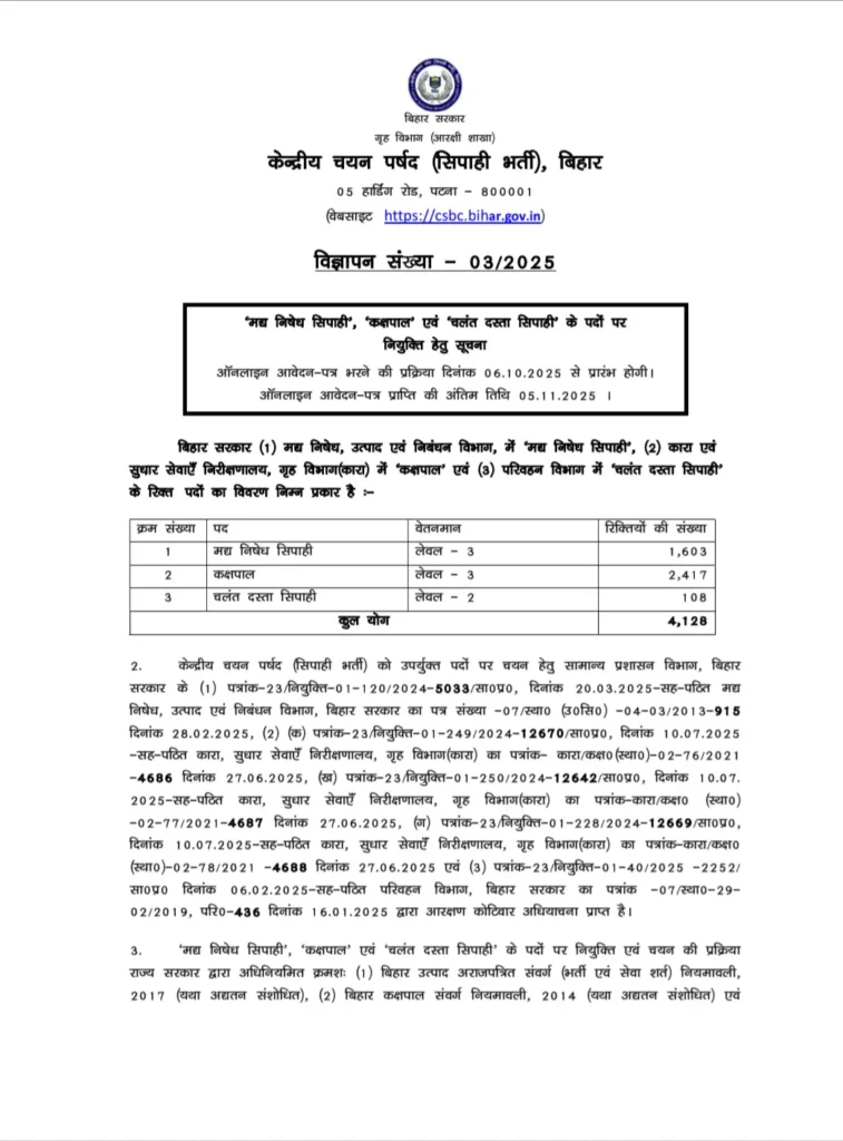Bihar CSBC Constable Recruitment 2025