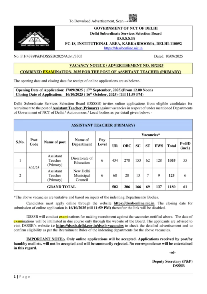 DSSSB Primary Teacher Bharti 2025